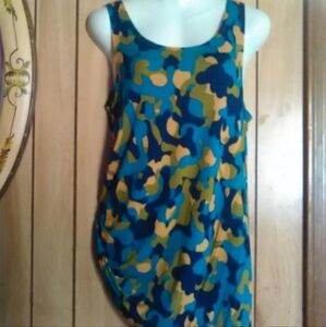 LOGO by Lori Goldstein Long Blue and Yellow Camouflage Tank Top